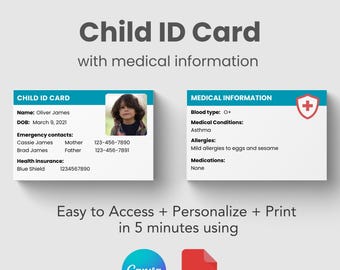 In geval van nood kinderkaart en medische informatiekaart, afdrukbare portemonnee-ID voor noodgevallen, gepersonaliseerde medische waarschuwingskaart voor kinderen, rugzaklabel