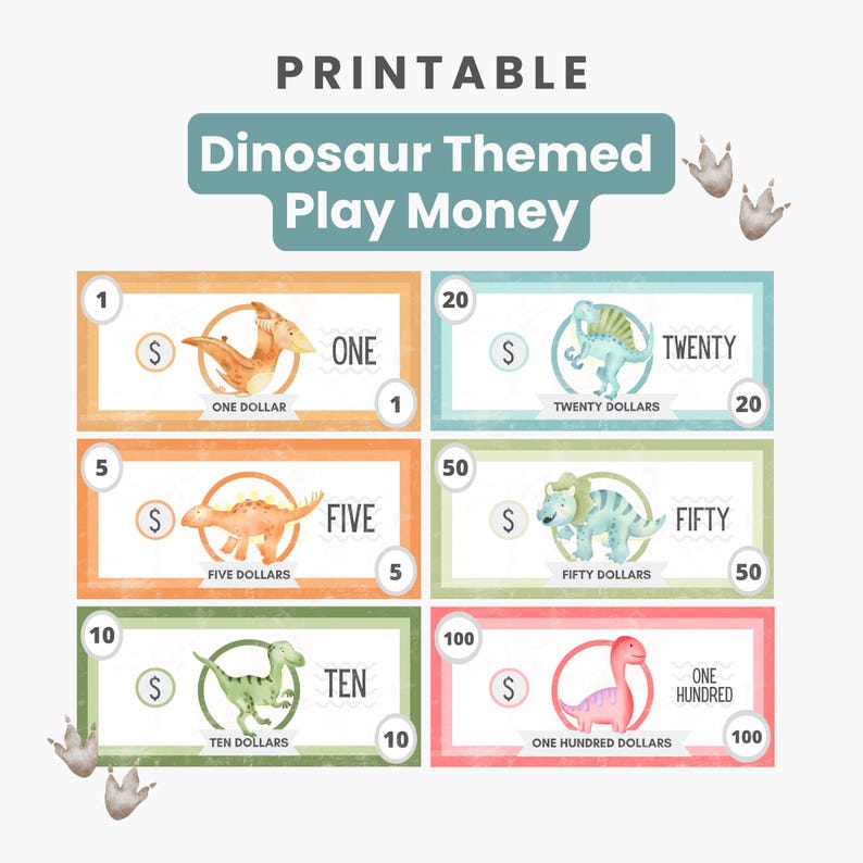 Printable Dinosaur Kids Play Money or Chore Money for Kids Homeschool ...