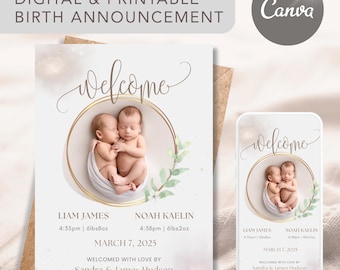 Twins Birth Announcement Canva Template, Printable Newborn Twins Digital Card, Editable Baby Twins Welcome Card for Social Media, Email