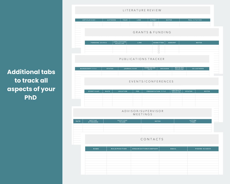 literature review, grants and funding, meetings with supervisor, phd excel tracking templates