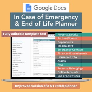 Planificador integral de casos de emergencia y fin de vida en Google Docs / Planificador de casos de emergencia, plantilla de carpeta de defunción editable e imprimible