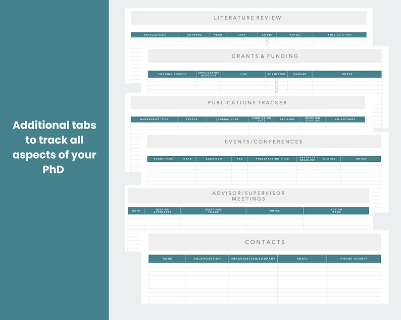 additional tracking templates for literature review, phd grants and funding, academic publications tracking, events, meetings, and contacts