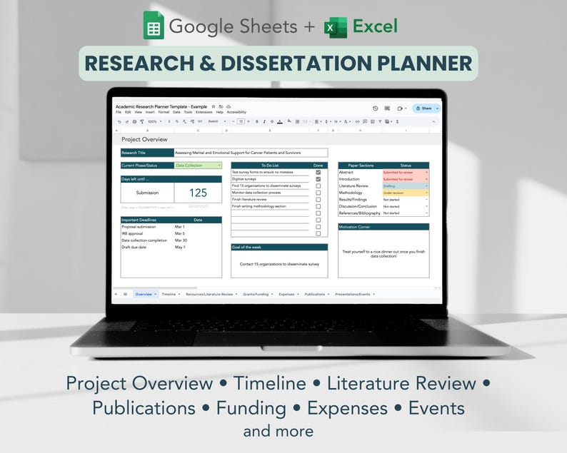 research and dissertation planner dashboard on laptop google sheets and excel template