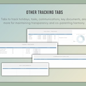 May include: A digital organizational tool featuring four distinct tracking tabs labeled OTHER TRACKING TABS, HOLIDAY TRACKER, TASKS TRACKER, COMMUNICATIONS LOG, and KEY DOCUMENTS. The layout includes tables for tracking holidays, tasks, and communications.
