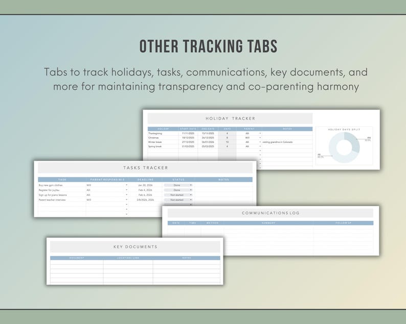 May include: A digital organizational tool featuring four distinct tracking tabs labeled OTHER TRACKING TABS, HOLIDAY TRACKER, TASKS TRACKER, COMMUNICATIONS LOG, and KEY DOCUMENTS. The layout includes tables for tracking holidays, tasks, and communications.