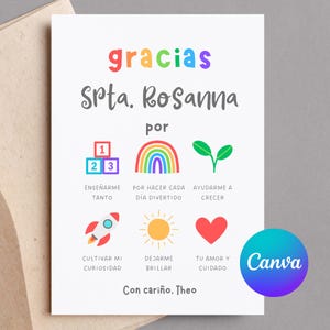 Tarjeta de agradecimiento personalizable para guardería en español / Tarjeta de agradecimiento personalizada para profesores de español, tarjeta de agradecimiento para profesores de guardería, edita en Canva