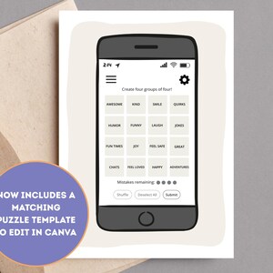 May include: A greeting card featuring a smartphone illustration displaying a word puzzle game with a four-by-four grid of words including AWESOME, KIND, SMILE, QUIRKS, HUMOR, FUNNY, LAUGH, JOKES, FUN TIMES, JOY, FEEL SAFE, GREAT, CHATS, FEEL LOVED, HAPPY, ADVENTURES.