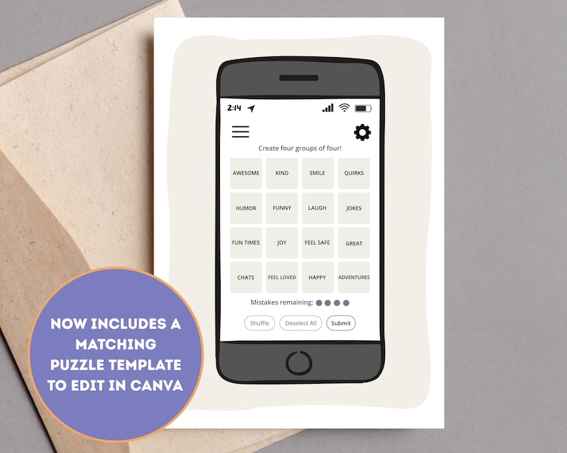 May include: A greeting card featuring a smartphone illustration displaying a word puzzle game with a four-by-four grid of words including AWESOME, KIND, SMILE, QUIRKS, HUMOR, FUNNY, LAUGH, JOKES, FUN TIMES, JOY, FEEL SAFE, GREAT, CHATS, FEEL LOVED, HAPPY, ADVENTURES.
