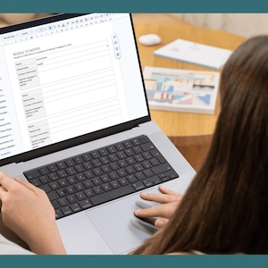 woman typing personal information into end of life planner template in google docs on laptop