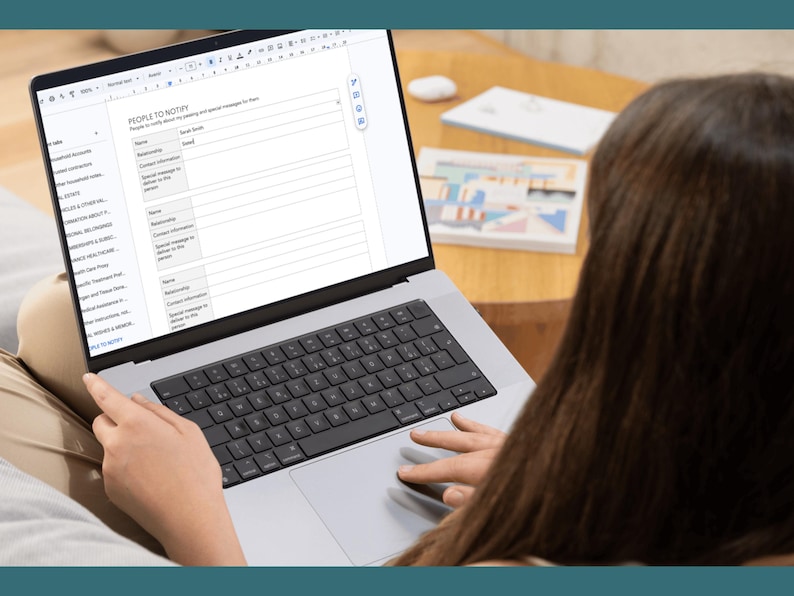 woman typing personal information into end of life planner template in google docs on laptop