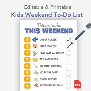 Könnte beinhalten: Eine druckbare To-Do-Liste für Kinder mit bunten Illustrationen und Kontrollkästchen. Die Liste enthält Aktivitäten wie Spazierengehen, Kekse backen, mit einem Freund spielen, neues Essen ausprobieren, das Zimmer aufräumen, in den Park gehen, Schwimmunterricht und das Ausleihen von Büchern aus der Bibliothek.