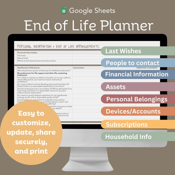 Comprehensive End of Life Planner - Customizable Google Sheets Template for Last Wishes, End of Life, Legacy Planning, In Case I Die Planner