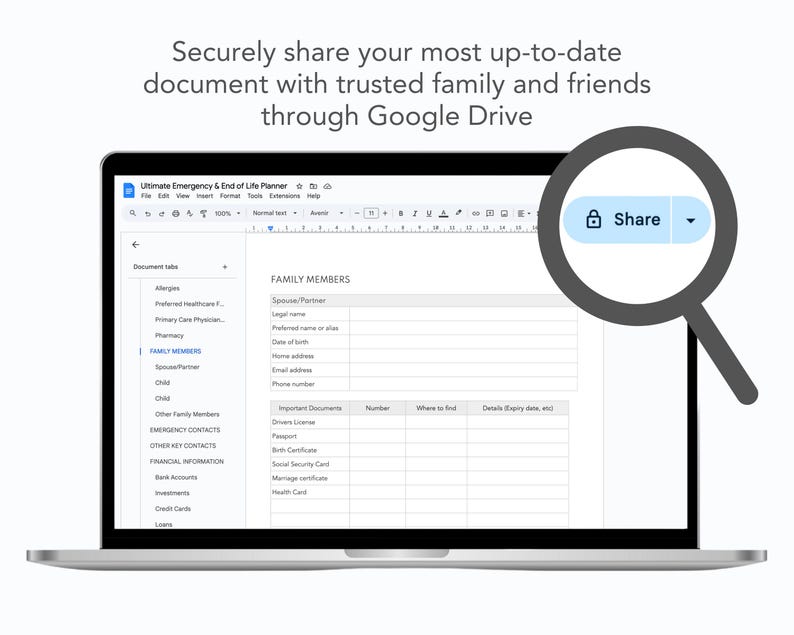 end of life planner template securely shared over google drive with loved ones