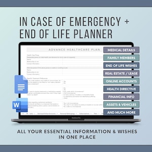 Könnte beinhalten: Ein digitaler Planer auf einem Laptop-Bildschirm mit dem Titel In Case of Emergency + End of Life Planner. Das Dokument enthält Abschnitte für medizinische Details, Familienmitglieder, Wünsche zum Lebensende, Immobilien und Finanzen.
