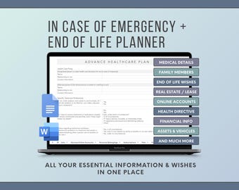 Planificador para casos de emergencia y fin de vida / Plantilla personalizable para Google Docs y Word, Plantilla para carpeta de información sobre fallecimiento