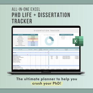 Könnte beinhalten: Ein Laptop-Bildschirm zeigt eine Excel-Tabelle zur Verfolgung des PhD-Lebens und der Dissertation mit Abschnitten für Status, Abbildungen und Tabellen. Der Text lautet ALL-IN-ONE EXCEL PHD LIFE + DISSERTATION TRACKER und The ultimate planner to help you crush your PhD!