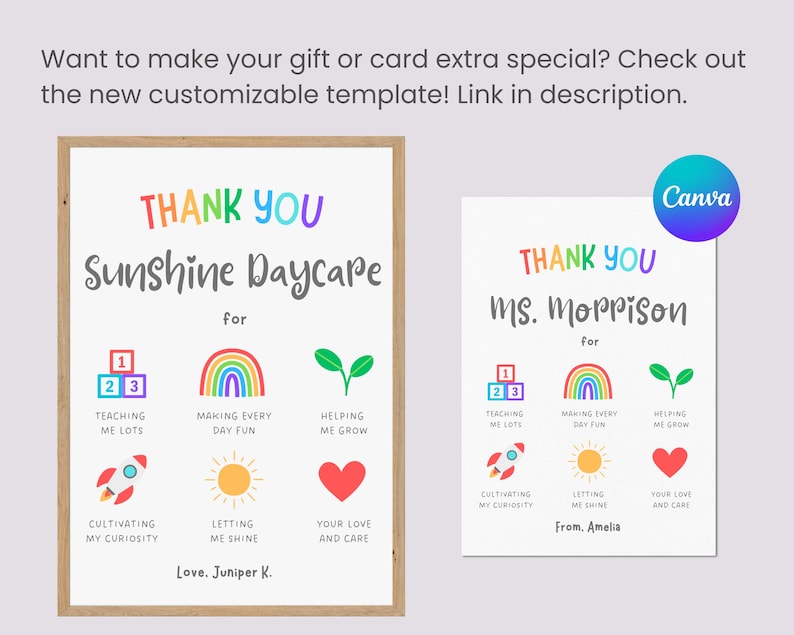 May include: Printable thank you card template for daycare teachers. The card features colorful illustrations of building blocks, a rainbow, a plant, a rocket, a sun, and a heart. The text reads "Thank You Sunshine Daycare for... Teaching me lots, Making every day fun, Helping me grow, Cultivating my curiosity, Letting me shine, Your love and care. Love, Juniper K."