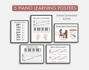 Bundel afdrukbare pianoleerposters met muzieknoot ezelsbruggetje, poster akkoorden voor kinderen muziekmuurkunst