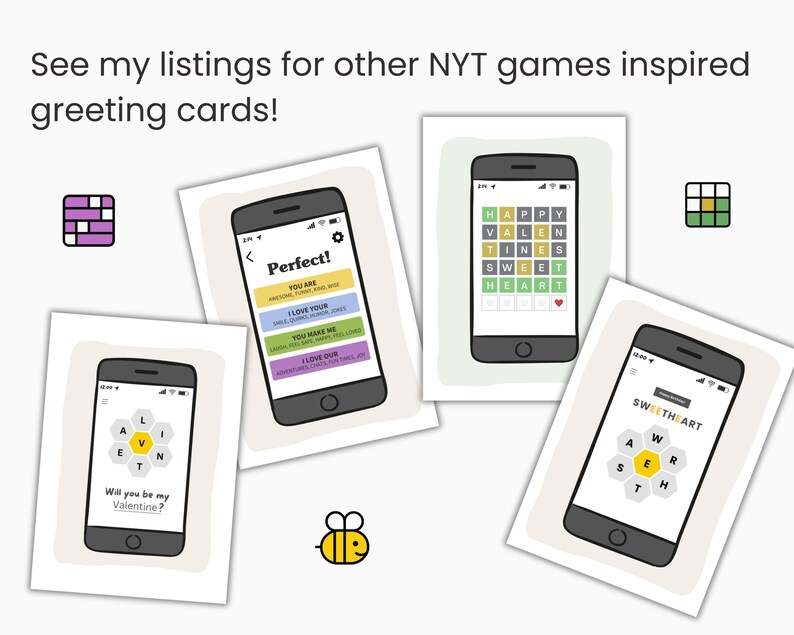 nyt games inspired greeting cards, new york times connections, spelling bee game, wordle cards