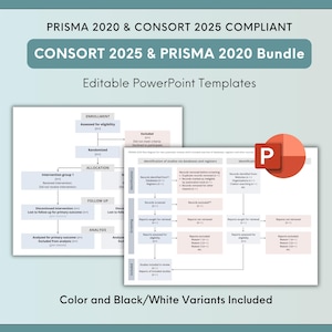 May include: A digital graphic featuring two flowcharts with text and arrows, labeled "Enrollment," "Allocation," and "Follow Up." The image includes the text "CONSORT 2025 & PRISMA 2020 Bundle" and "Editable PowerPoint Templates."
