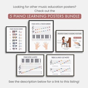 piano learning posters bundle with piano chords, proper piano playing posture, piano keys and notes, and bass and treble clef mnenomics