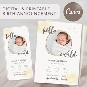 Modelo de anúncio de nascimento no Canva, anúncio de recém-nascido para impressão, cartão de boas-vindas para bebê editável para WhatsApp, Instagram, anúncio de nascimento por e-mail