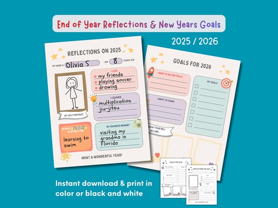 Kids New Years Goals & End of Year Reflections, Printable 2025 New Years Resolutions Template | Kids' New Years Activity Sheet Download
