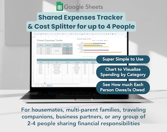 Shared Expenses Tracker & Cost Splitter Up To 4 People | Google Sheets Shared Finances, Housemates Expense Splitting, Co-Parents Split Costs