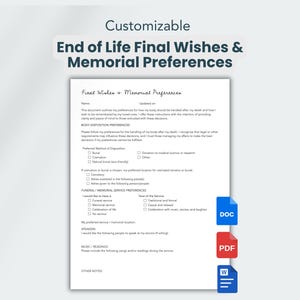 End of Life Final Wishes & Memorial Preferences Template | Editable Printable Google Doc, PDF, Word Doc for Funeral Preferences