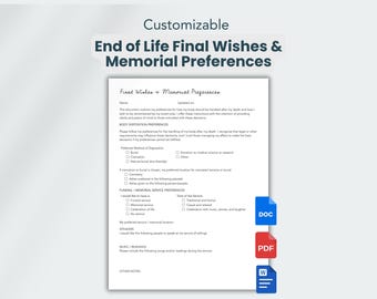 Laatste wensen en herdenkingsvoorkeuren einde levensduur | Bewerkbare afdrukbare Google-documenten, pdf, Word-documentsjabloon voor begrafenis, voorkeuren voor begrafenissen