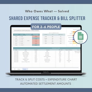 Op de afbeelding: Een laptopscherm toont een gedeelde onkosten tracker en factuursplitter voor 2-6 personen. De spreadsheet toont onkosten tracking, uitgaven grafieken en geautomatiseerde afrekenbedragen. De tekst luidt "Who Owes What - Solved".