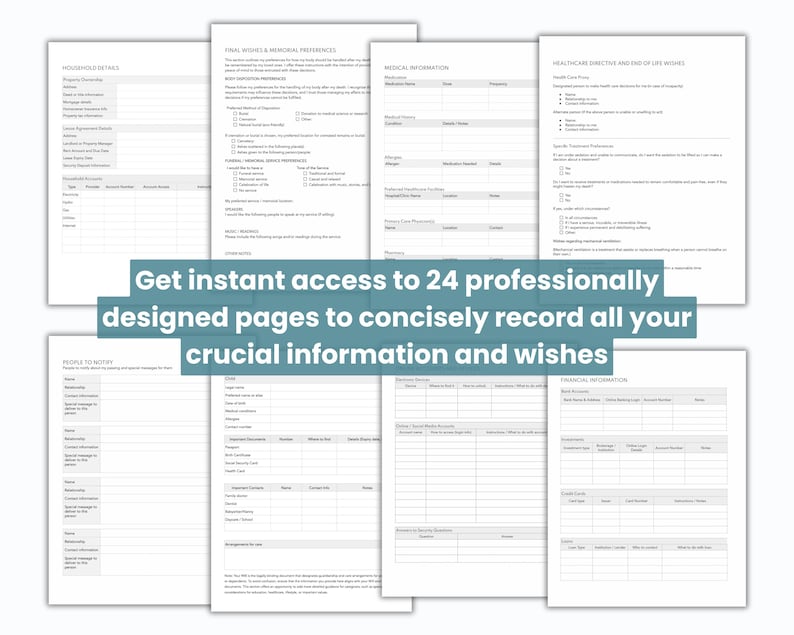 instant access to end-of-life planner template to record crucial personal information just in case