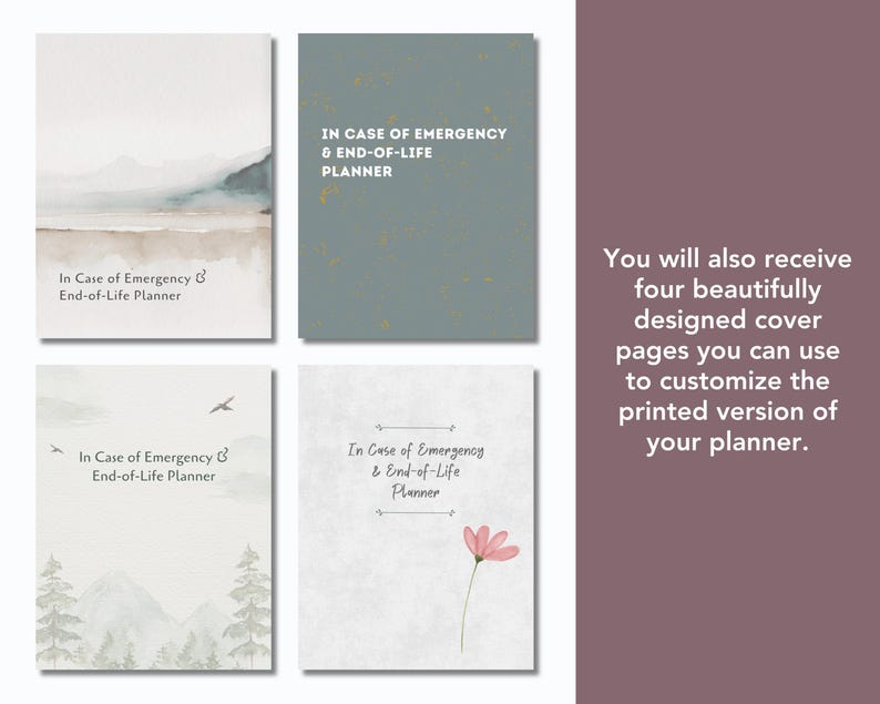 cover pages for printable in case of emergency and end of life planner document or binder