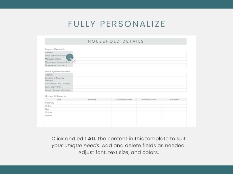 click and edit all content showing household details page in google docs end of life planner page