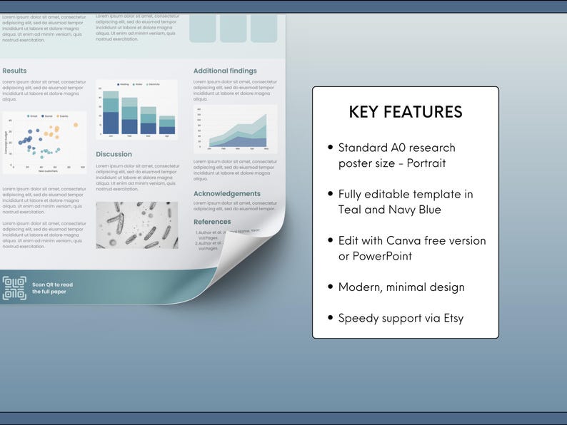 research presentation poster for conferences a0 portrait, editable navy blue and teal, canva and ppt poster templates