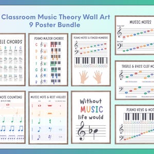Ensemble de 9 affiches musicales imprimables pour la salle de classe | Notes de piano, accords de ukulélé, valeurs des notes, clés de sol et de fa