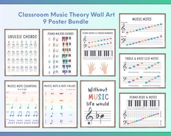 Paquete de láminas imprimibles para la pared del aula de música / Notas de piano, acordes de ukelele, valores de las notas musicales, clave de sol y de fa - Paquete de 9 pósteres musicales para niños