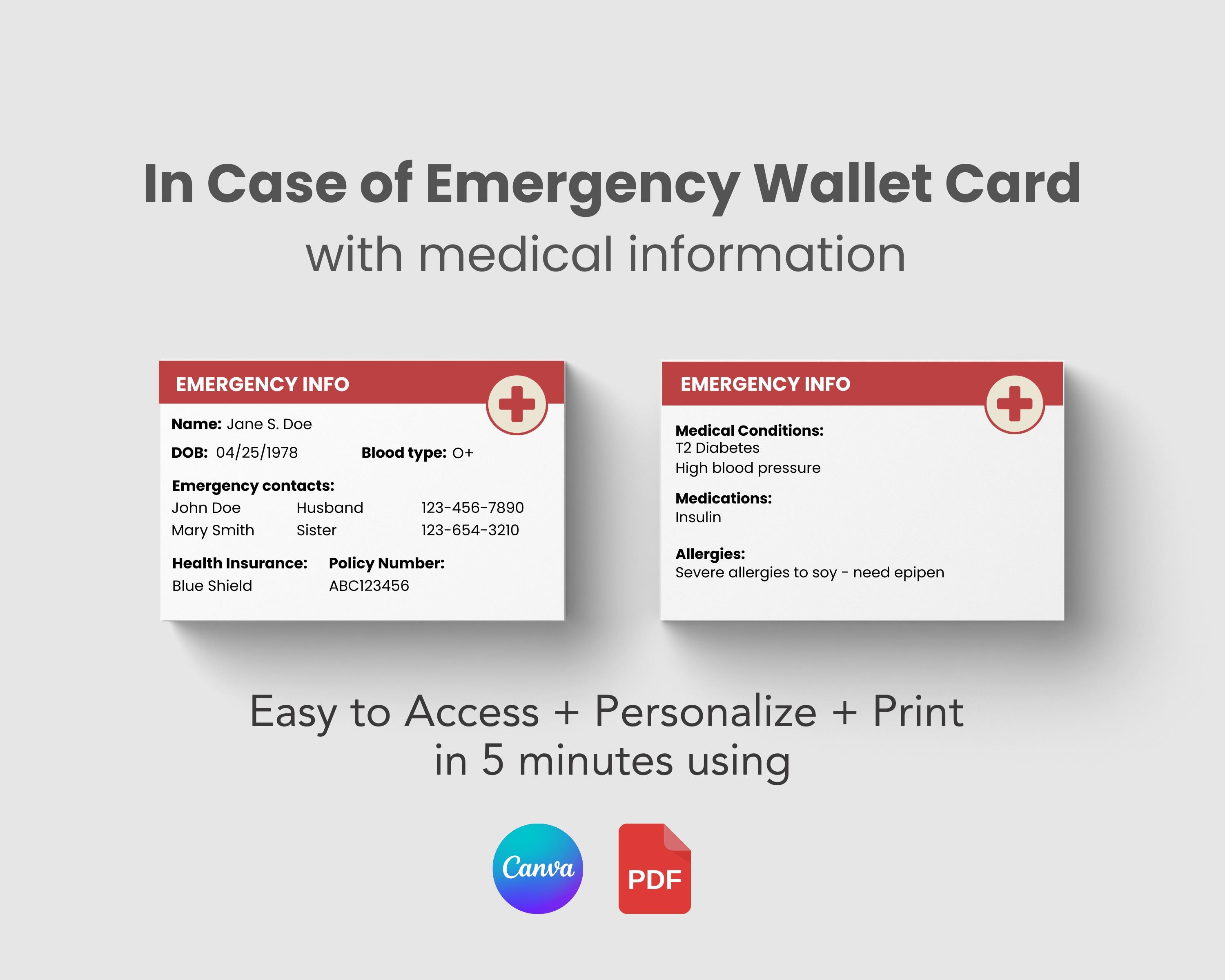 In Case of Emergency Wallet Card, Printable Emergency ID, Medical ...