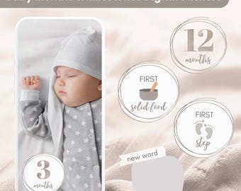 Stickers digitales de meses y hitos del bebé para historias y publicaciones de Instagram, stickers digitales del mes del bebé para el planificador, publicación de Instagram de un nuevo bebé