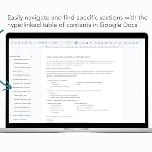 google docs death binder with navigation links and table of contents