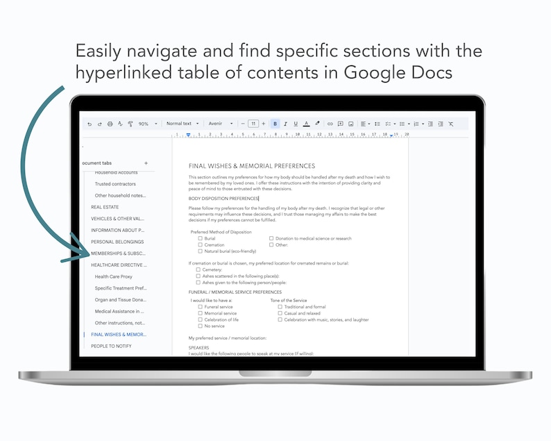 google docs death binder with navigation links and table of contents