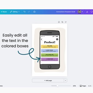 May include: A digital design template featuring a smartphone illustration with the text Perfect! and four colored boxes containing editable text fields labeled You Are, I Love Your, You Make Me, and I Love Our, displayed within a software interface.