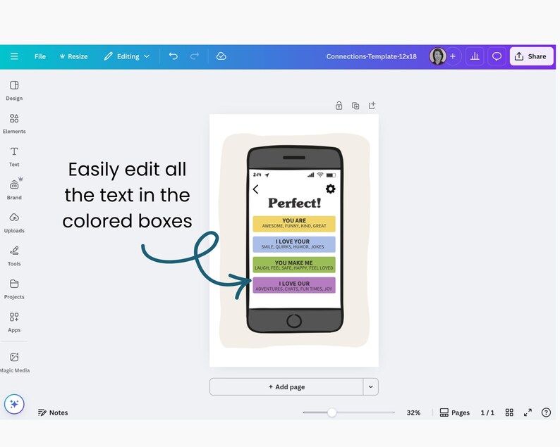 May include: A digital design template featuring a smartphone illustration with the text Perfect! and four colored boxes containing editable text fields labeled You Are, I Love Your, You Make Me, and I Love Our, displayed within a software interface.