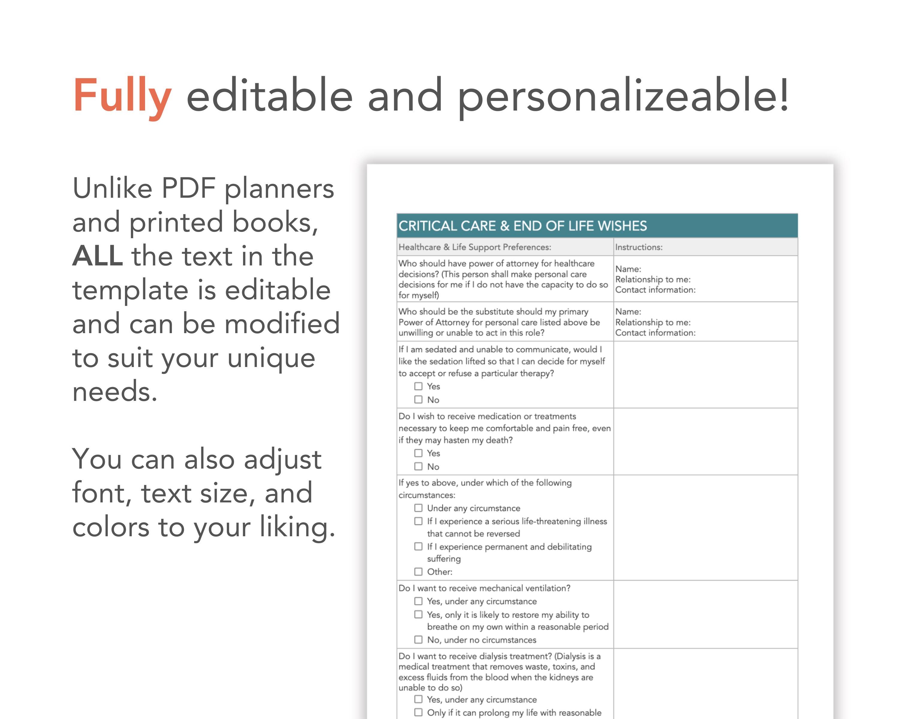 Comprehensive in Case of Emergency & End of Life Planner Google Docs ...