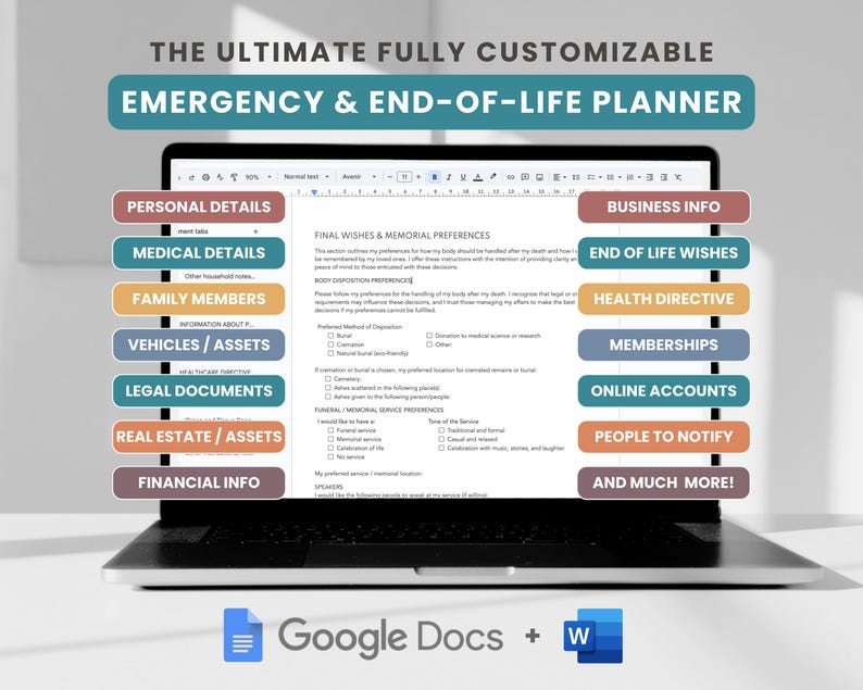 comprehensive in case of emergency and end of life planner in google docs and word, editable template