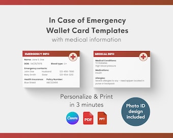 Tarjeta de bolsillo con información médica y de emergencia: plantilla imprimible y editable en Canva, PDF y PowerPoint / Lista para personal de primeros auxilios