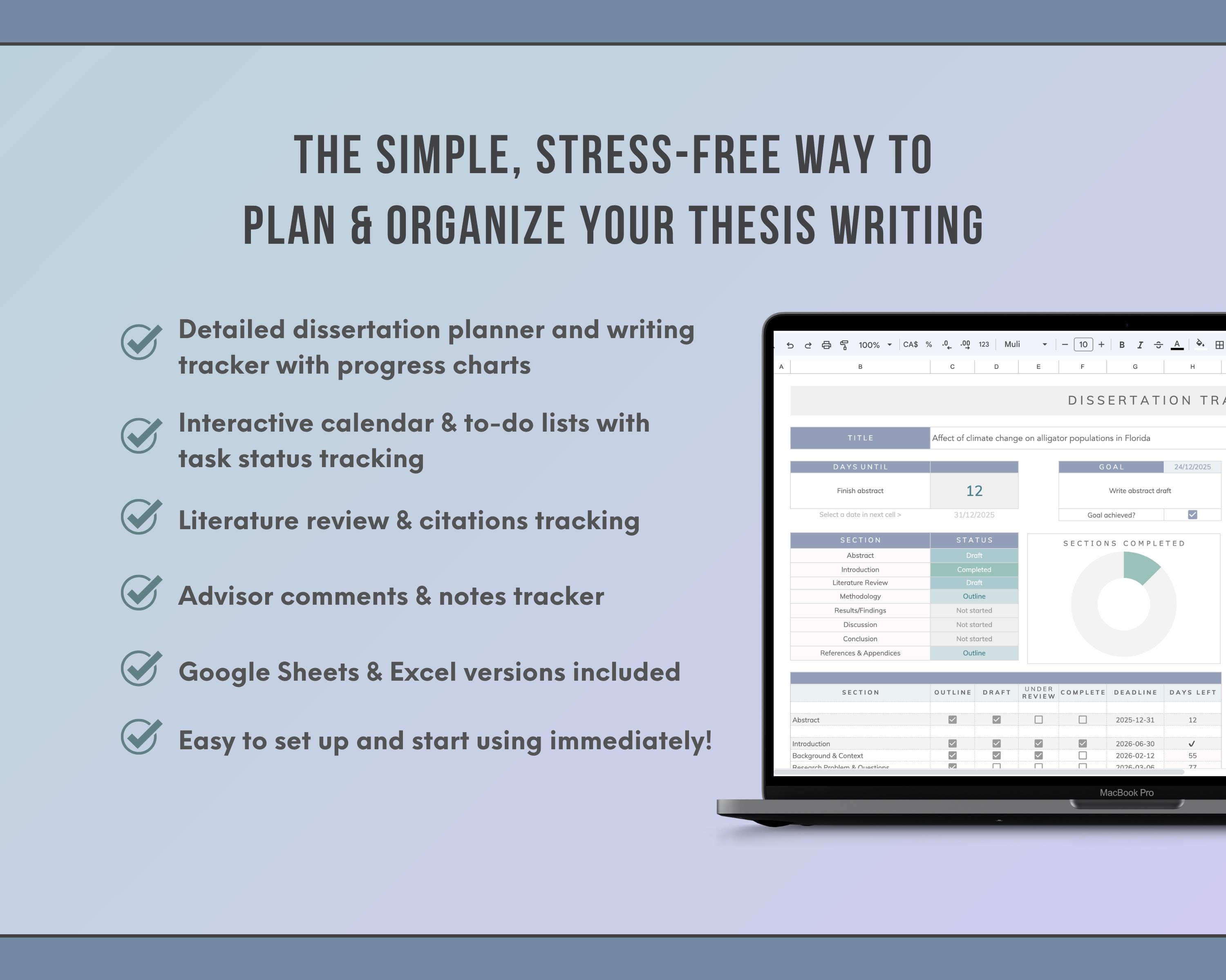 Dissertation Writing Tracker – Google Sheets & Excel | Thesis Progress ...
