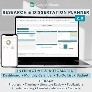 Forschung & Dissertation Planer 2.0 Google Sheets Template, Akademische Forschung Organizer PhD Planer Forschung Veröffentlichungen Literatur Bewertungen