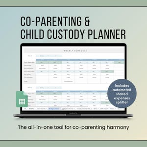 Agenda coparentalité Google Sheets | Calendrier de garde à vue, suivi des dépenses et journal des communications | Modèle tout-en-un pour parents divorcés