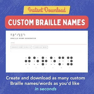 Noms personnalisés en braille à téléchargement immédiat PNG | Mots en braille personnalisés, apprentissage des lettres en braille, cartes en braille imprimables, tableau de l'alphabet braille
